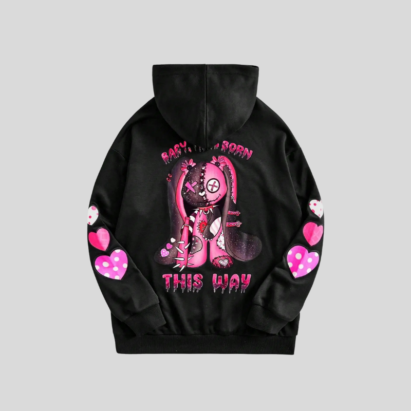 Unisex Black Hoodie with Pink Cartoon Print and Hearts
