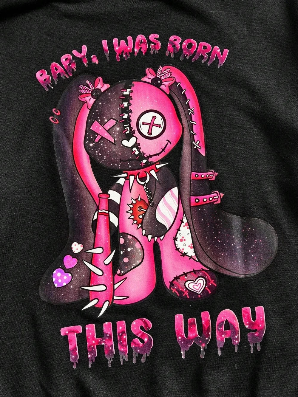 Unisex Black Hoodie with Pink Cartoon Print and Hearts