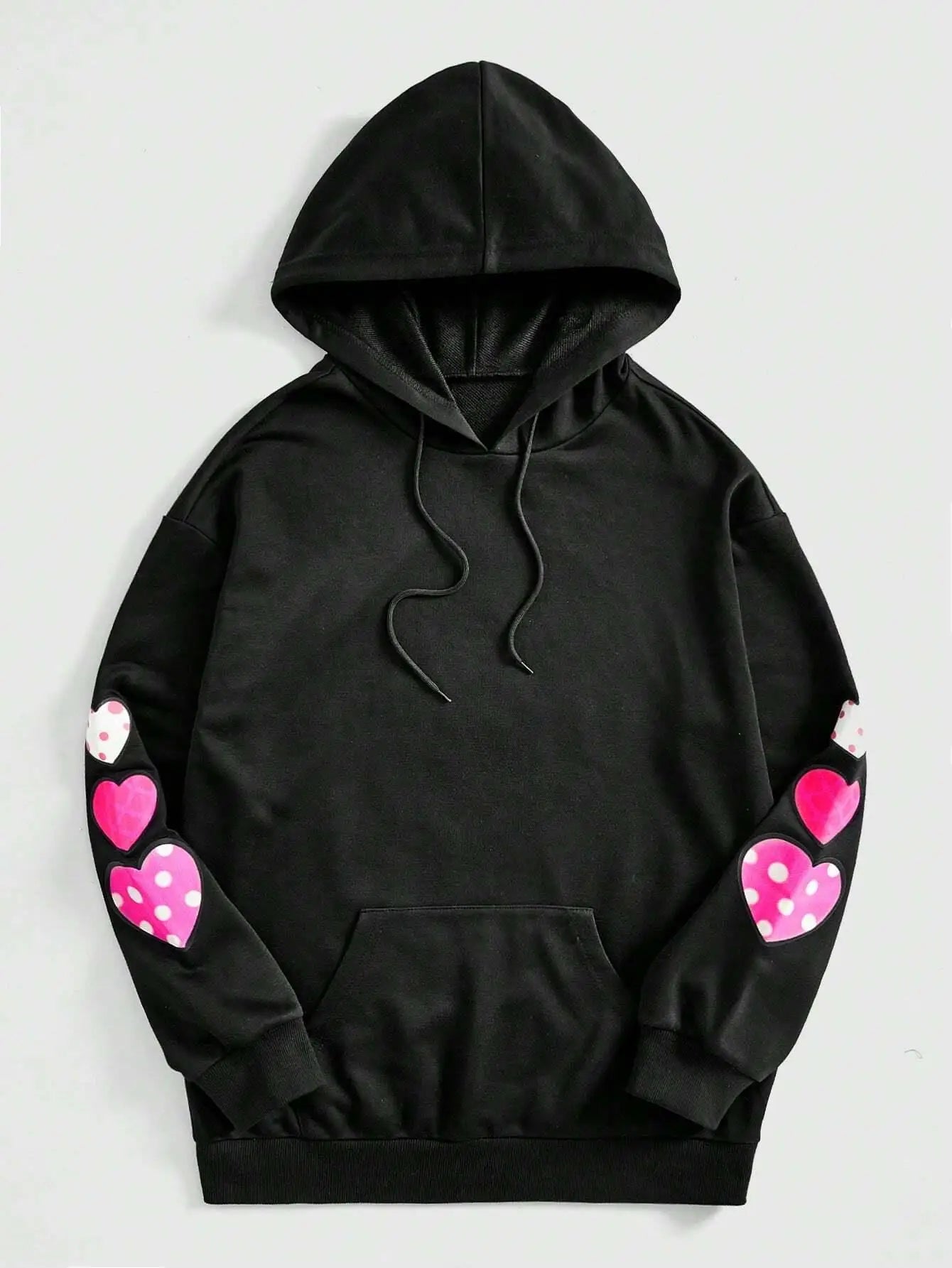 Unisex Black Hoodie with Pink Cartoon Print and Hearts