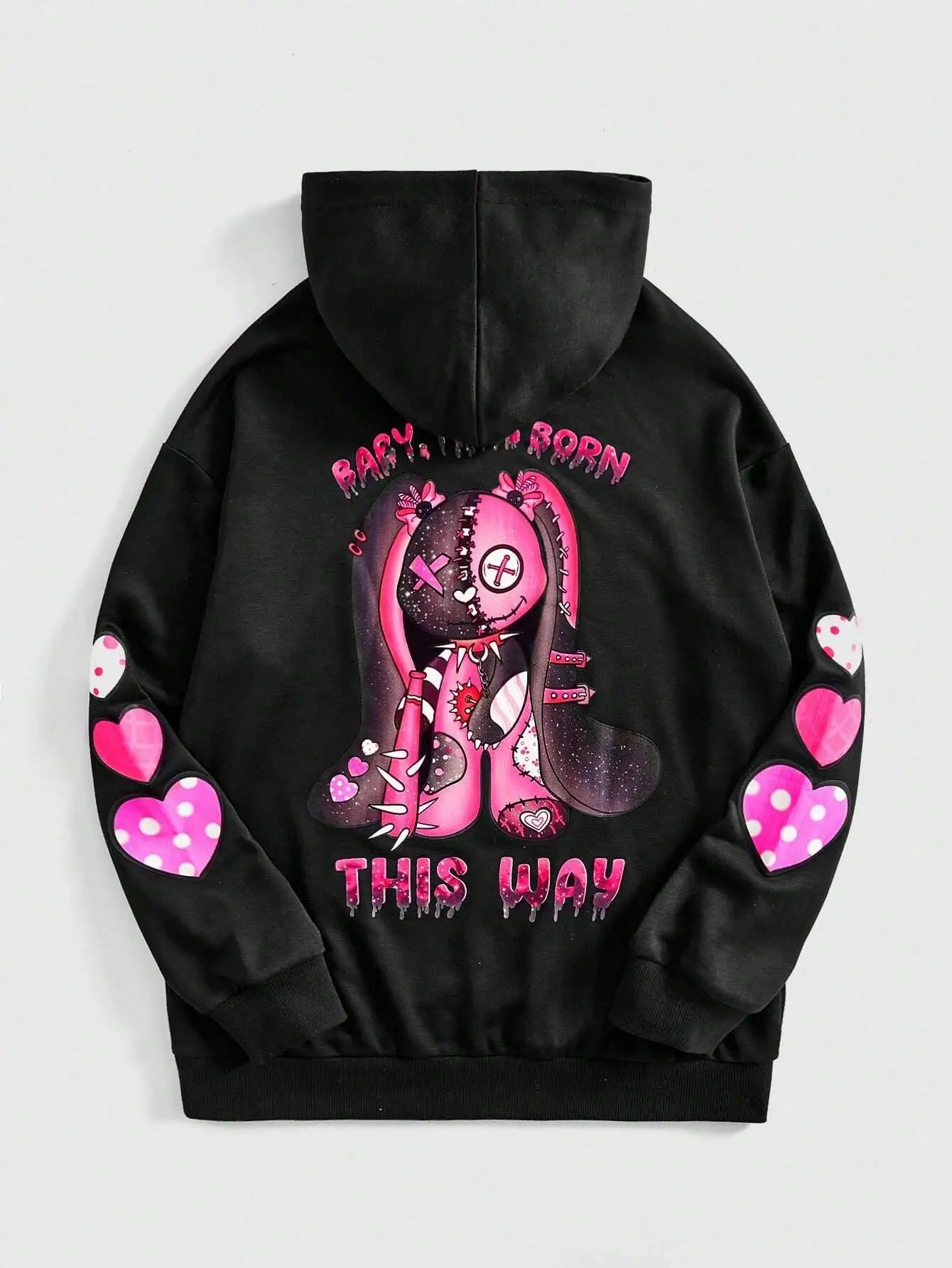 Unisex Black Hoodie with Pink Cartoon Print and Hearts