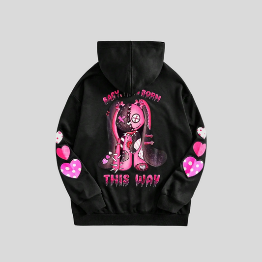Unisex Black Hoodie with Pink Cartoon Print and Hearts