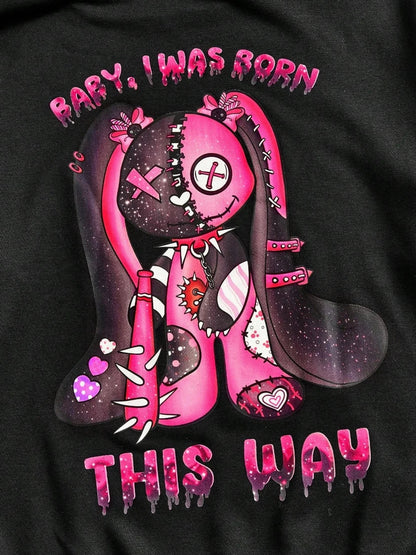 Unisex Black Hoodie with Pink Cartoon Print and Hearts