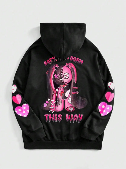 Unisex Black Hoodie with Pink Cartoon Print and Hearts